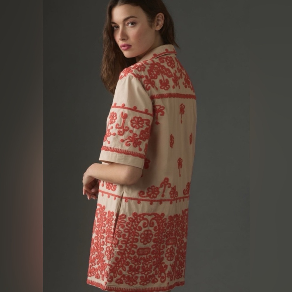 Maeve Anthropologie Embroidered Shirt Dress Utility Safari Style Tan Coral Large - Picture 3 of 15